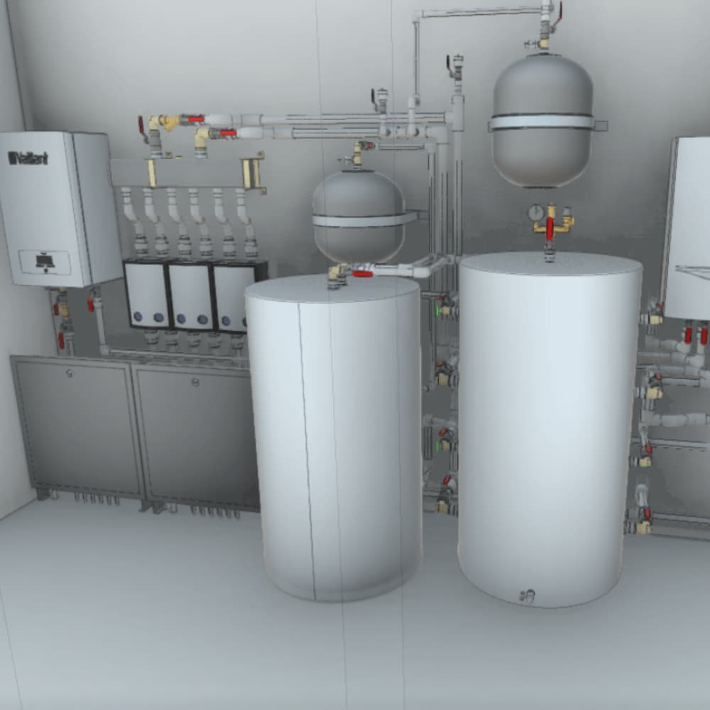 3D-проект котельной с буферными емкостями, коллекторами и газовым котлом