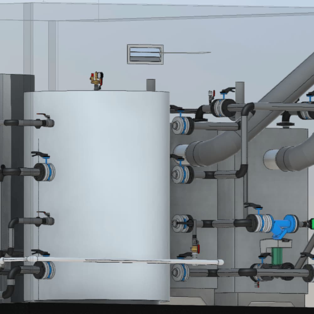 Буферна ємність та трубопроводи у 3D-проєкті модульної котельні