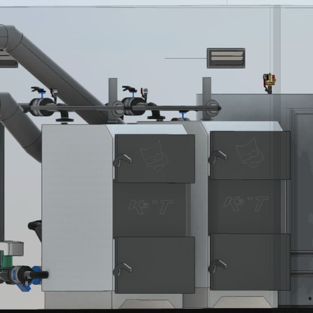 Твердопаливні котли та система димовідведення у 3D-проєкті модульної котельні